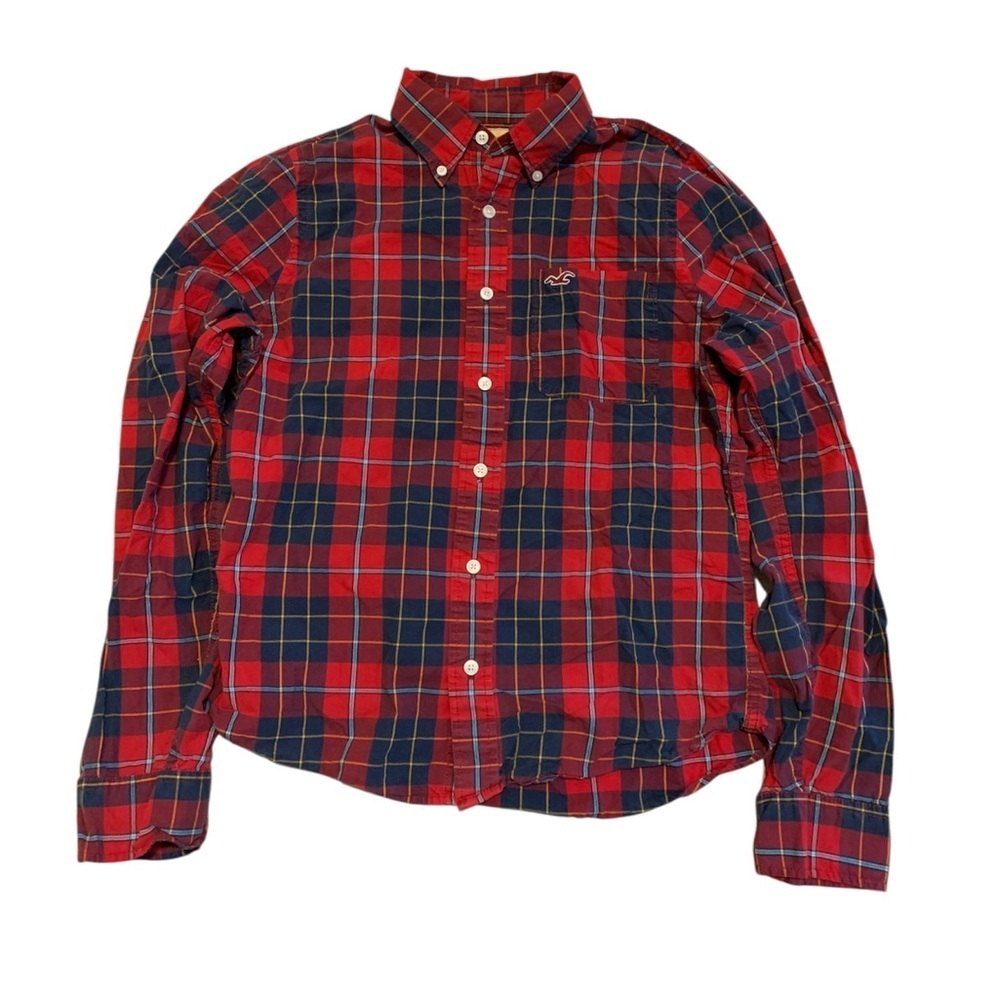 💜 Hollister Men's Red & Navy Blue Plaid Button-Down Shirt Size L